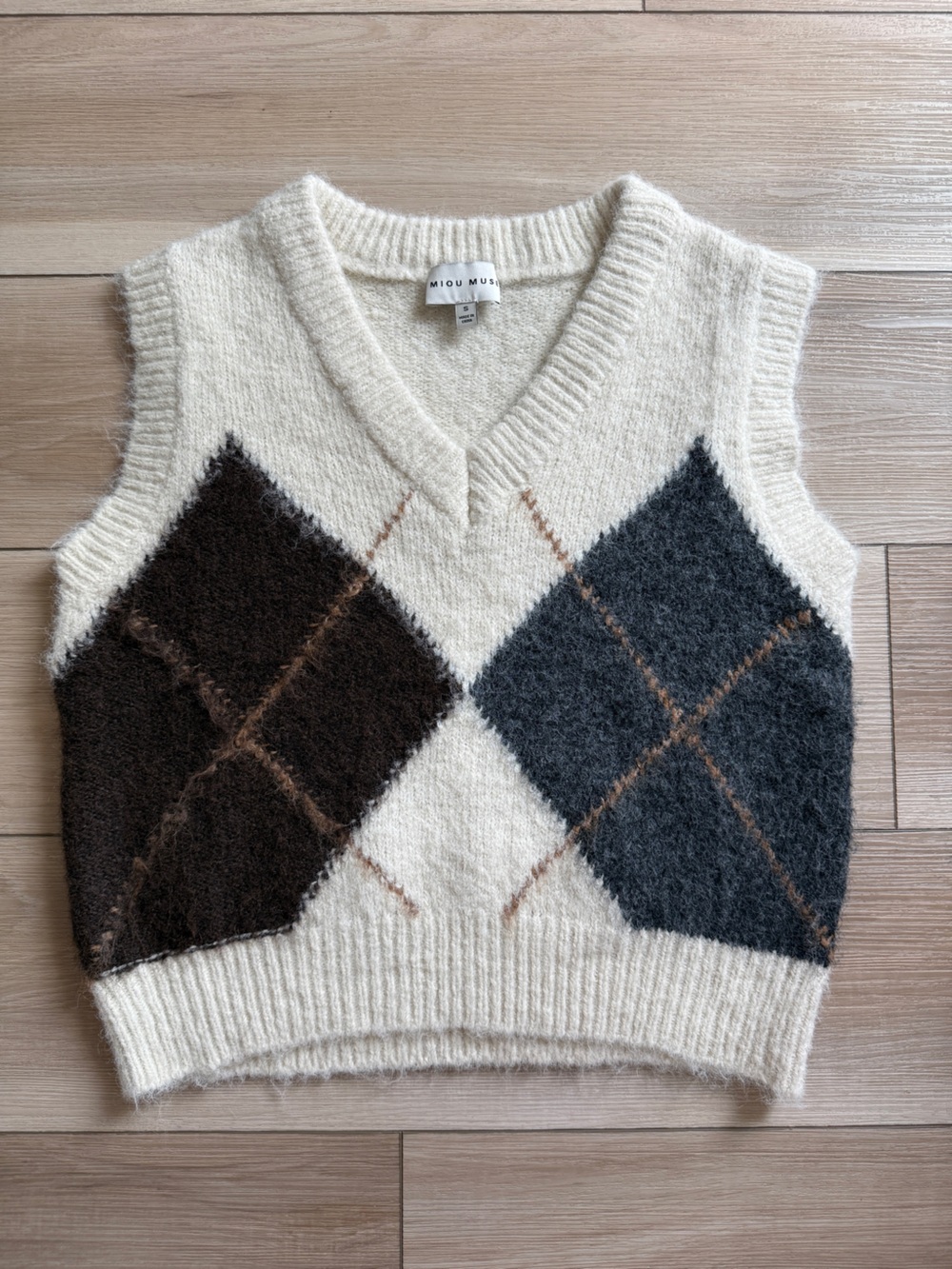 Miou Muse Argyle Wool Sweater Vest Cream Gray Small